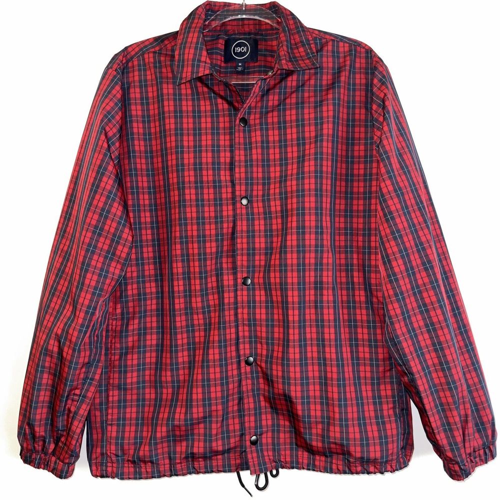 1901 Nordstrom Windbreaker Jacket Men's Medium Red Blue Plaid Button Coach Nylon